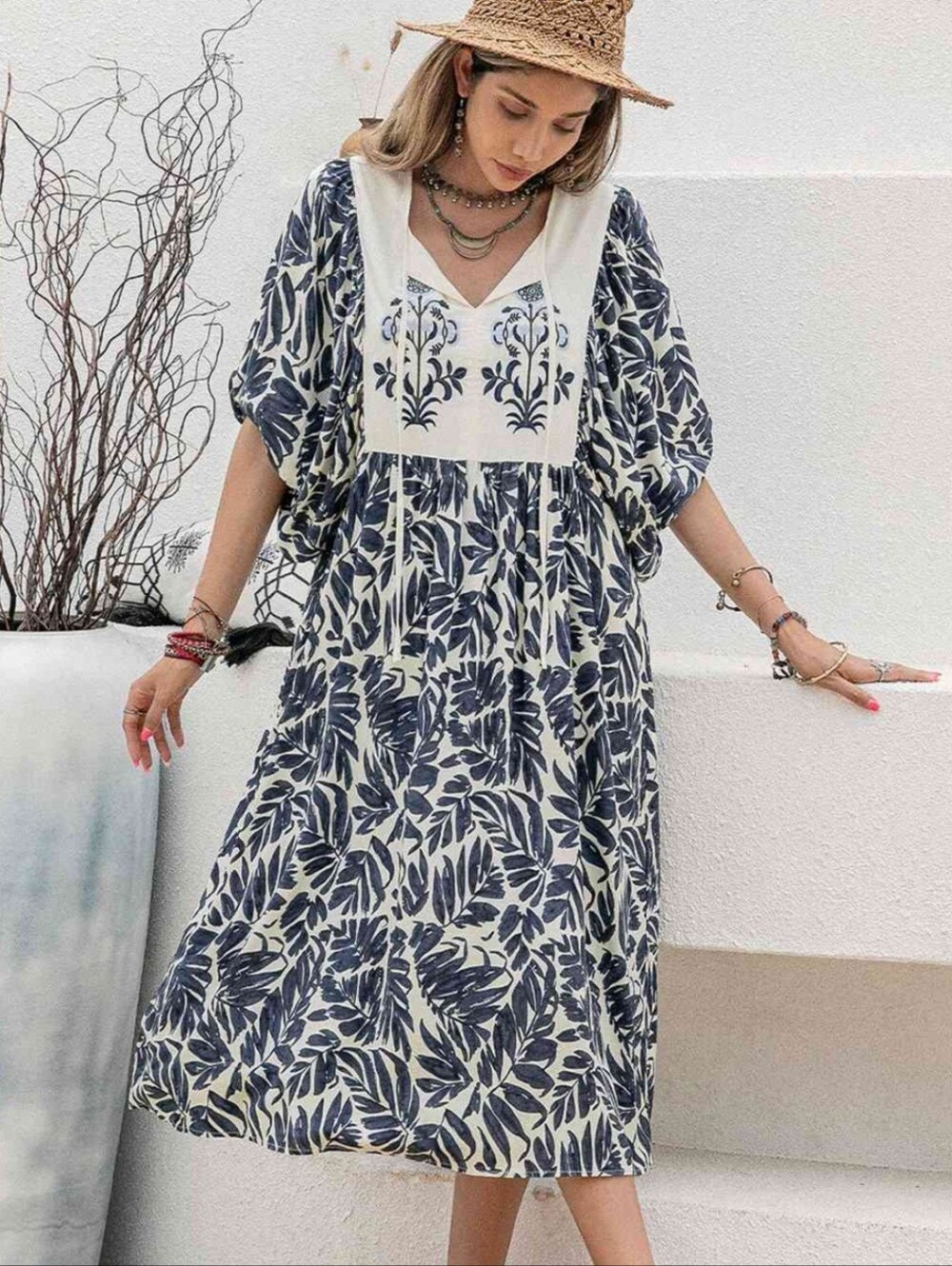 Rusttydustty Carta Blue Cream Tropical Floral Print Embroidered Maxi Dress XL